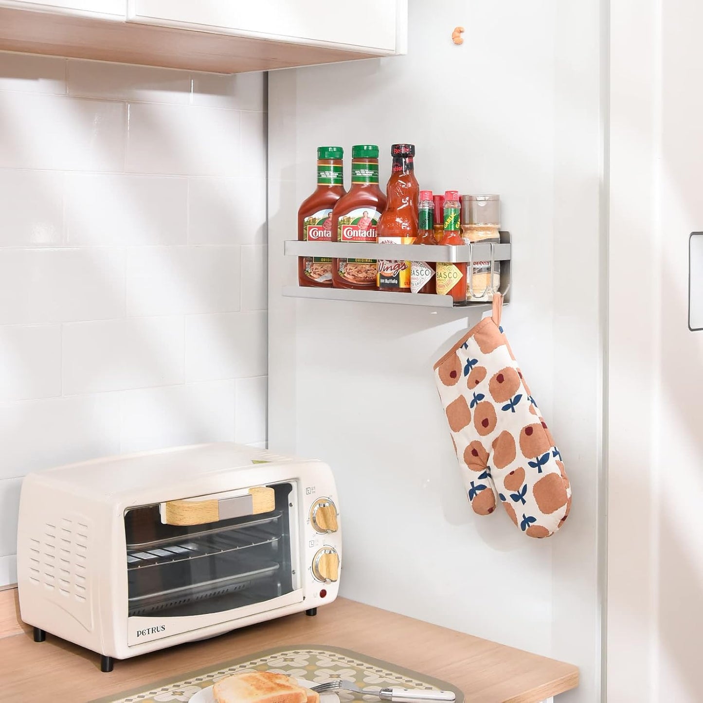 Magnetic Spice Rack for Refrigerator Spice Organizer, Strong Magnetic Shelf with 2 Removable Hooks