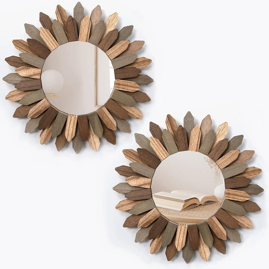 Honiway Boho Wall Decor Mirror 2 Pack 12 inch Rustic Wood Decorative Mirror for Room Decor Rustic