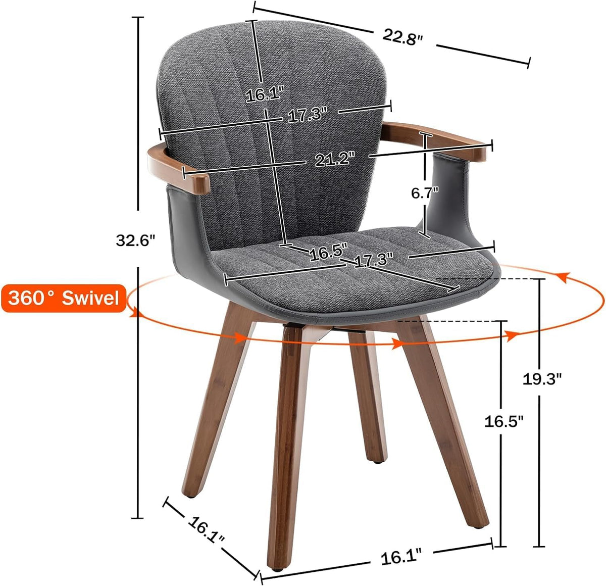 LUNLING Swivel Dining Chairs Set of 4, Mid Century Modern Gray Fabric+Faux Leather Kitchen Chairs