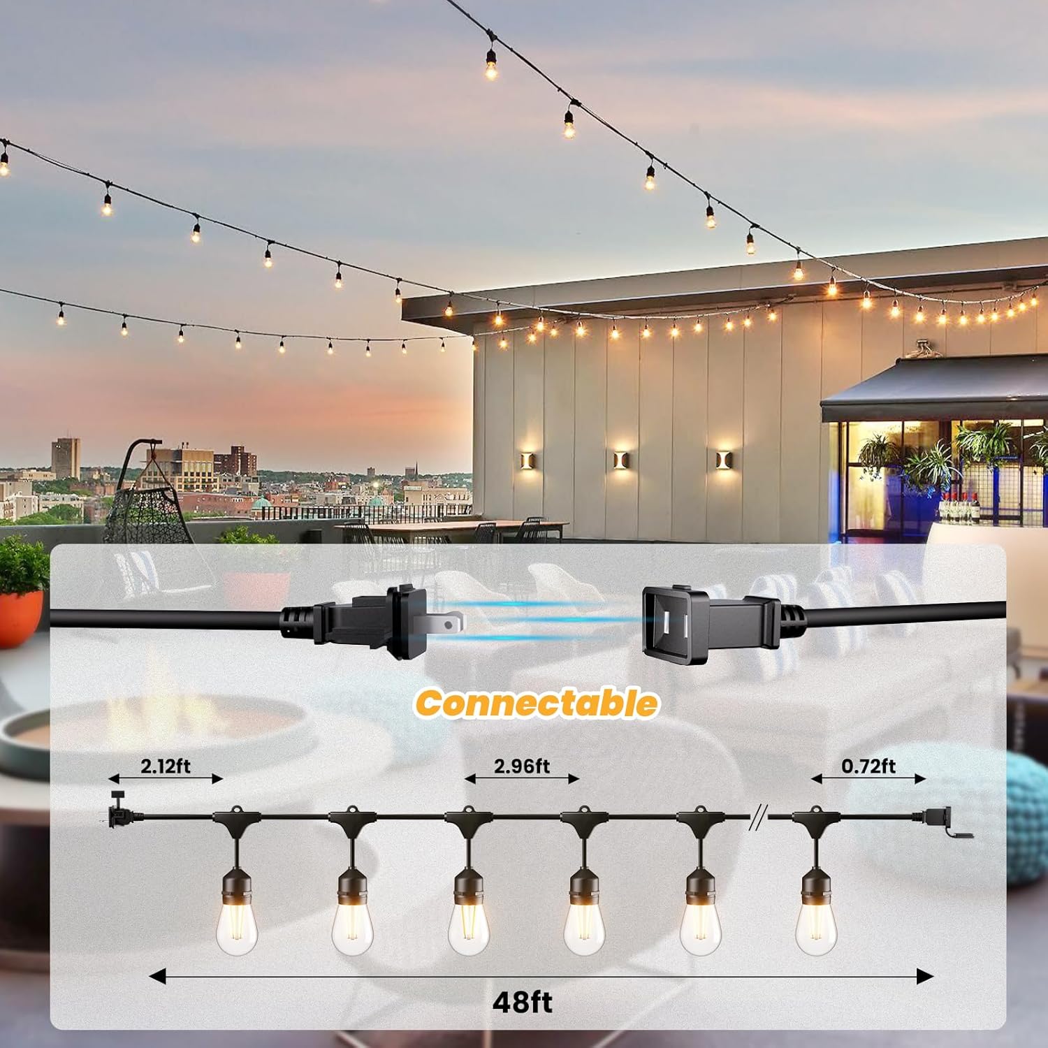 Svater 144 FT Outdoor String Lights 2W, Patio Light for Outside with 48 Antique S14 Plastic LED