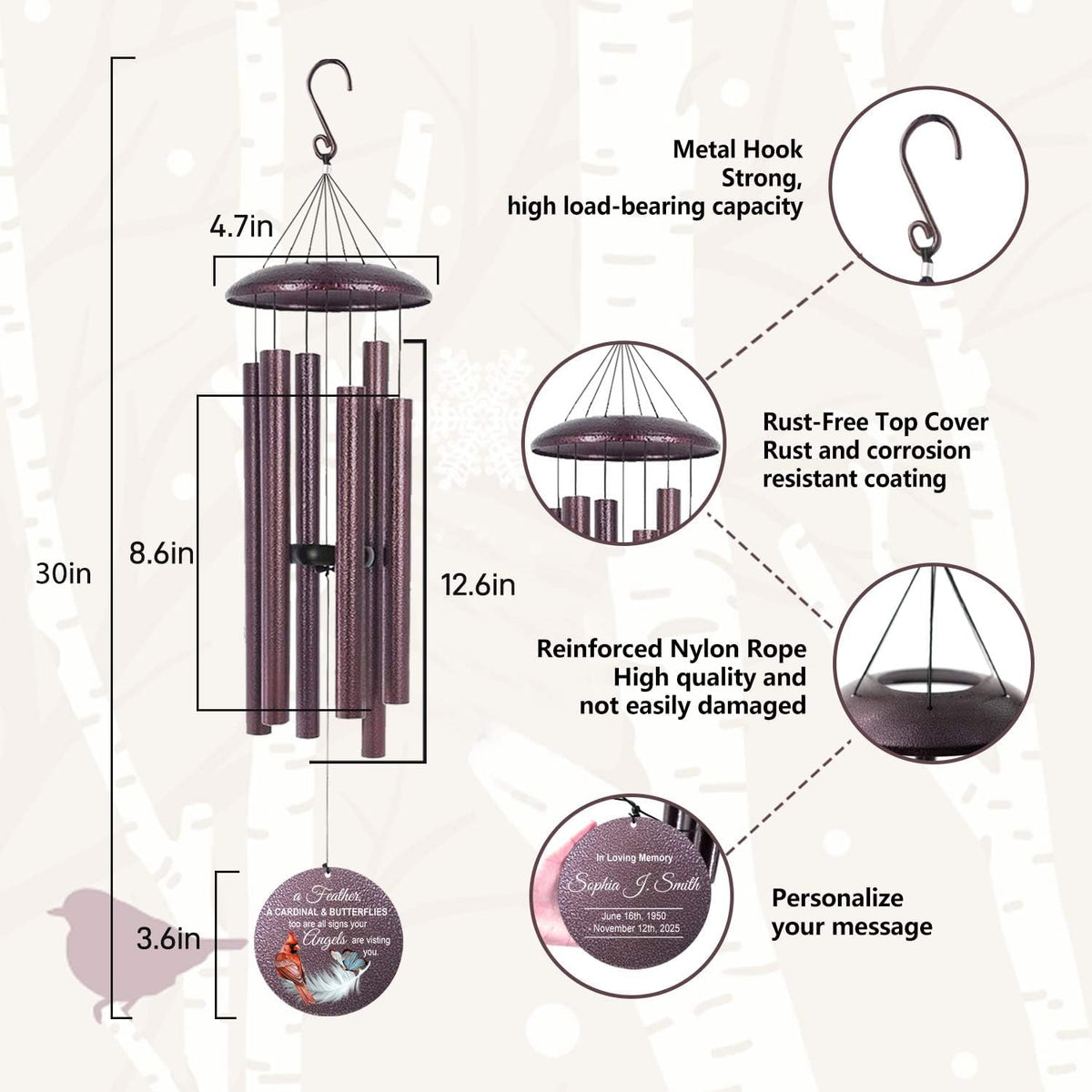 ASTARIN Custom Cardinal Wind Chimes for Loss of Lover Mom Dad, Butterfly Wind Chime Memorial