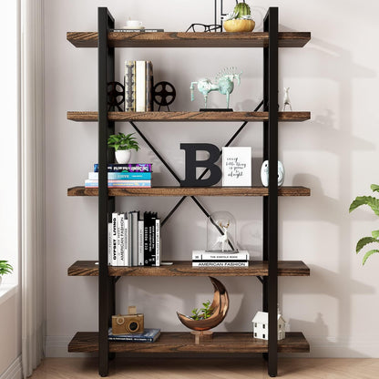 5-Tier Industrial Style Solid Wood Bookcase and Book Shelves,Rustic Wood and Metal Shelving Unit，
