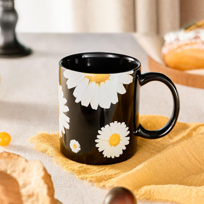 12Oz Daisy floral Black Ceramic Mug, Mug for Daily Coffee and Tea, Lead-free Microwave and