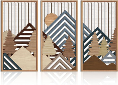 IARTTOP Large Mountain Wood Wall Art 16"x32"x3 Abstract Forest Wall Sculpture Geometric Boho Sunset