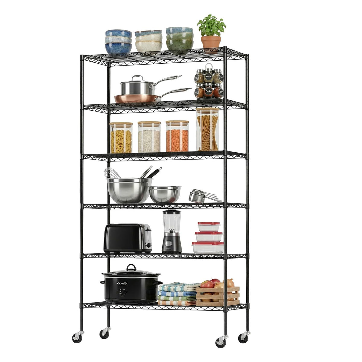 BestOffice | 6-Tier Wire Shelf with Wheels | 18" x 45" x 82" | Black