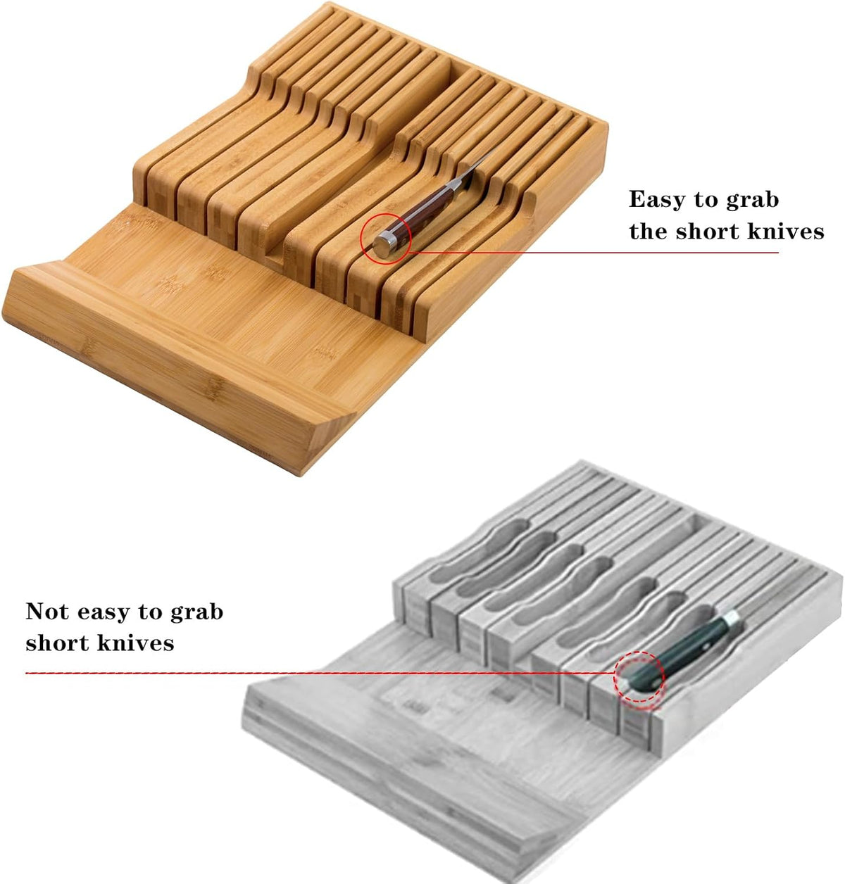 Bamboo Kitchen Drawer Knife Holder, In-drawer Knife Block, Knife Drawer Organizer fit for 16 knives