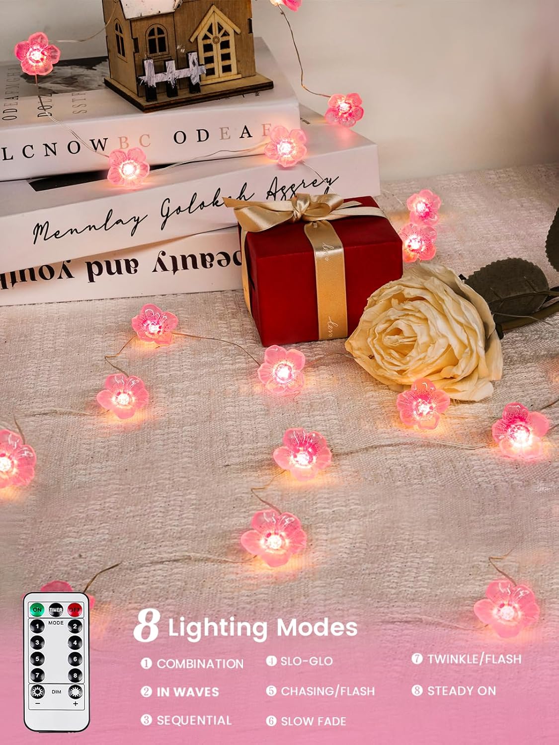 Cherry Blossom Flower String Lights for Bedroom, Pink Fairy Lights Battery Operated with Remote & 8