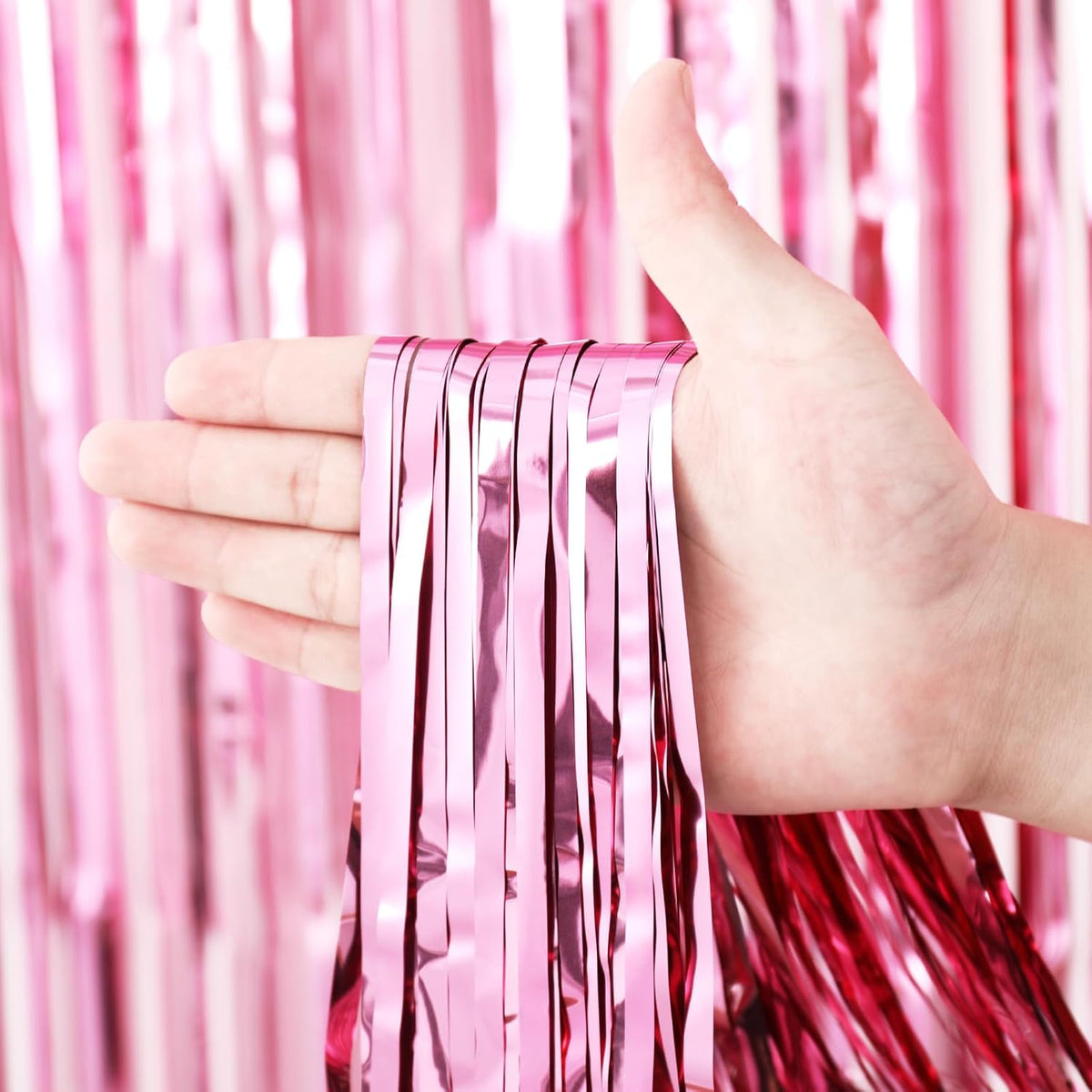 3 Pack 3.3 x 8.2 ft Light Pink Foil Fringe Backdrop Curtains, Tinsel Streamers Birthday Party