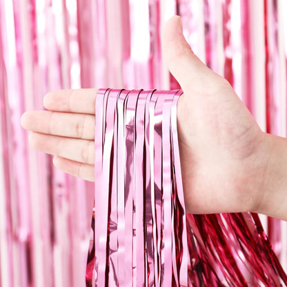 3 Pack 3.3 x 8.2 ft Light Pink Foil Fringe Backdrop Curtains, Tinsel Streamers Birthday Party