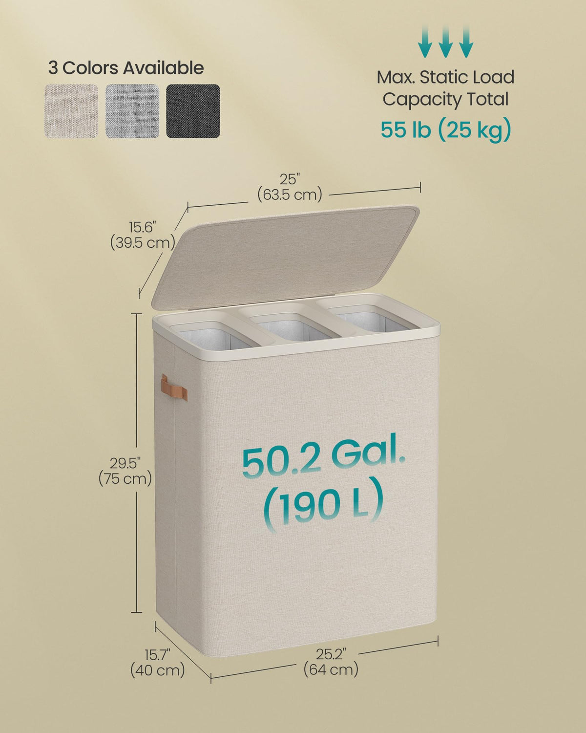 SONGMICS Laundry Basket, 50.2 Gal. Laundry Hamper, 3 Compartments, Easy Assembly, with Lid and