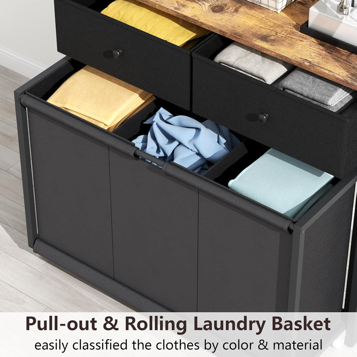Laundry Hamper Laundry Basket with 3 Section Pull-Out Rolling Bags & 2-Tier Storage Shelf, Laundry