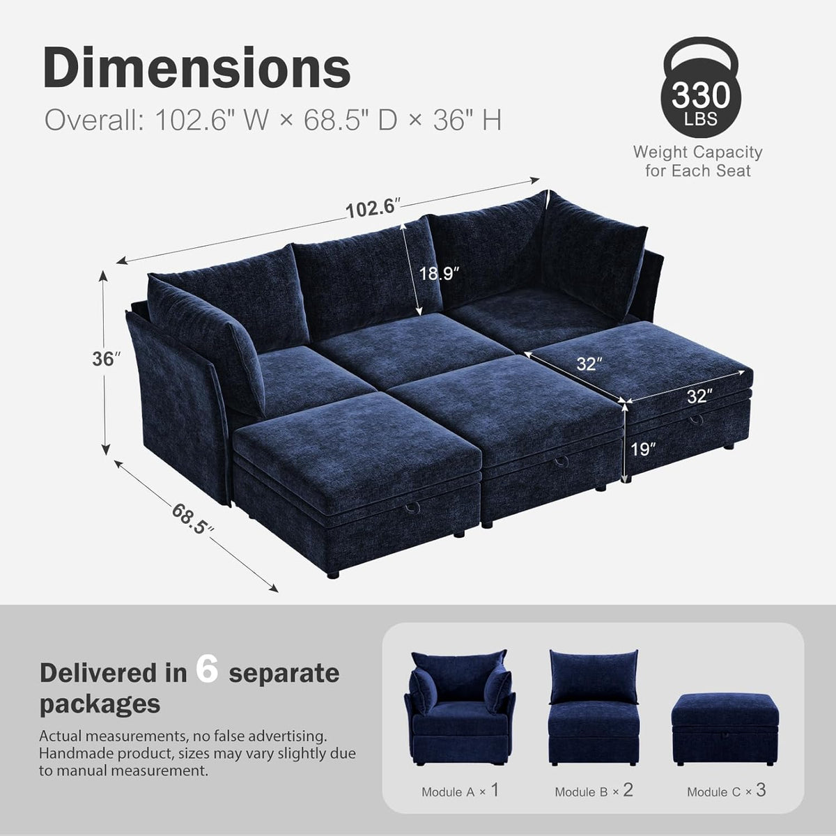 102.6" Luxury Modular Sleeper Sofa Bed 6 Seat Reversible Sectional Couch Deep Seat with Storage