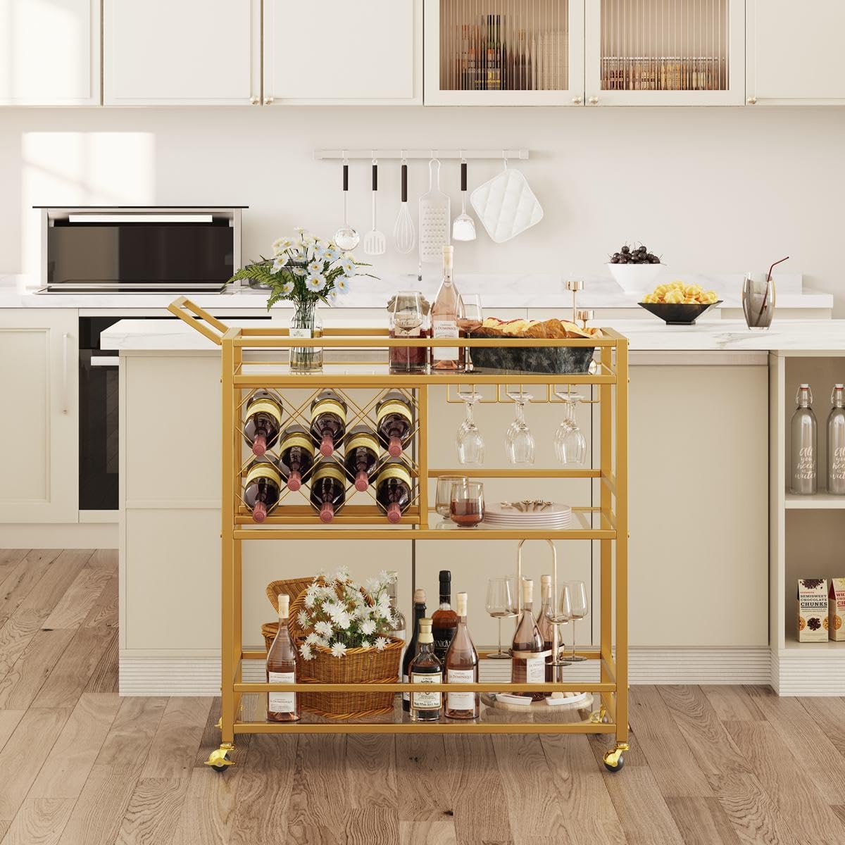 FATORRI Bar Cart Gold, Home Bar Serving Cart with Wine Rack and Glasses Holder, Wine Carts on