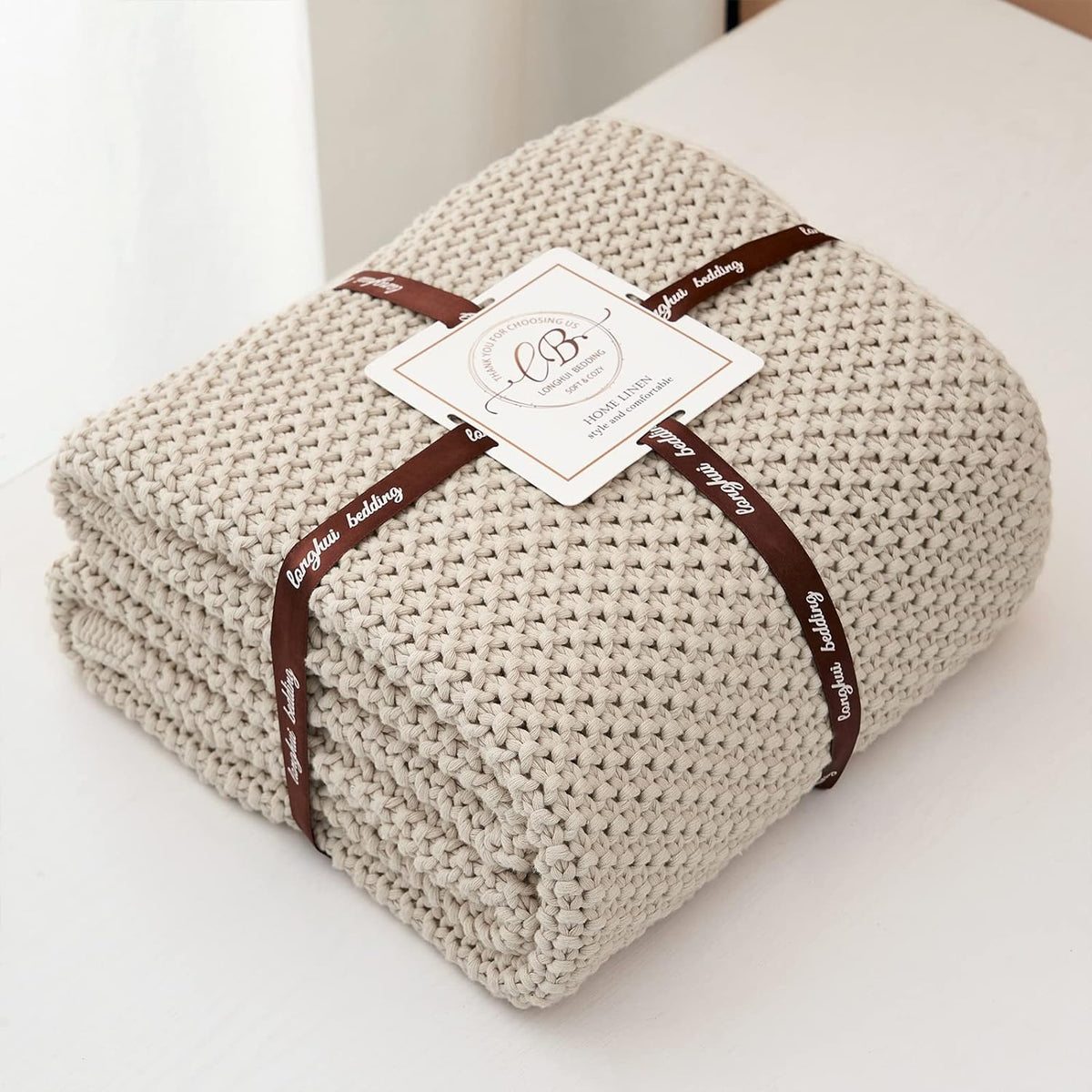 Longhui bedding Chunky Cable Knit Throw Blanket Lightweight Beige 100% Organic Cotton Blanket for