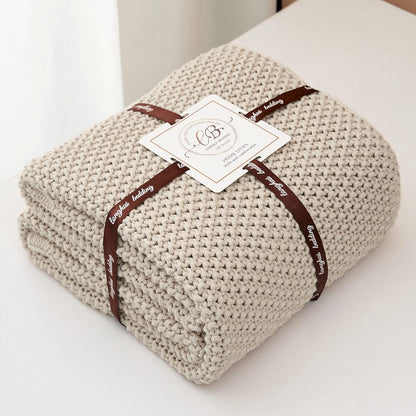 Longhui bedding Chunky Cable Knit Throw Blanket Lightweight Beige 100% Organic Cotton Blanket for