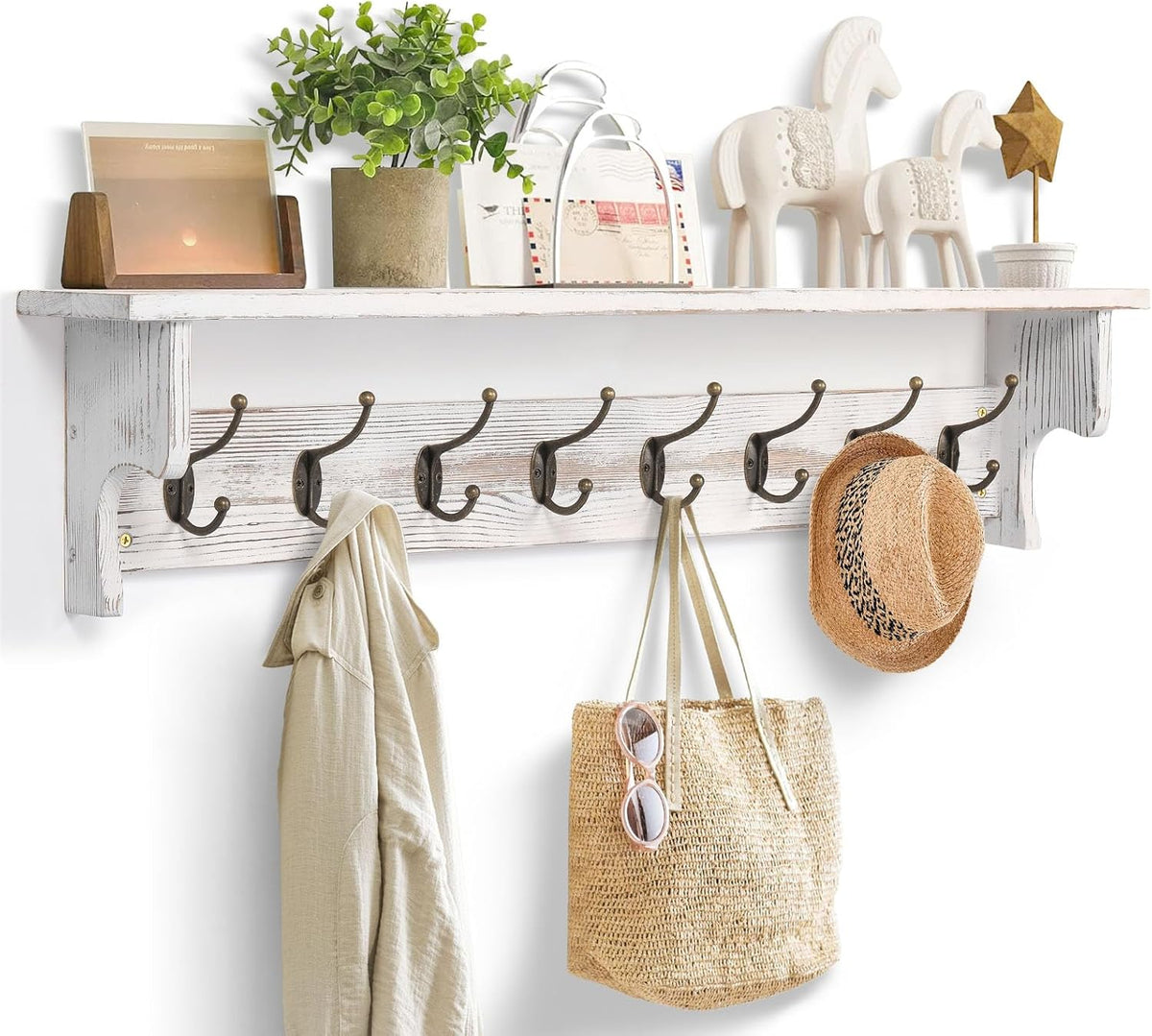 BECHAEO 35.8'' Wood Coat Rack Wall Mount with Shelf, White Wall Coat Rack with Hooks, Farmhouse