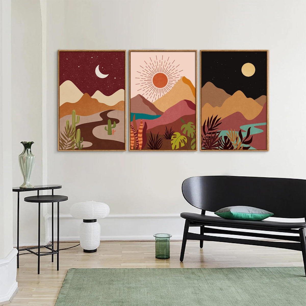 SIGNINART Boho Desert Framed Canvas Wall Art Set of 3, Colorful Sun and Moon Art Prints, Bohemian