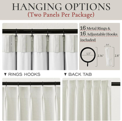 Linen Pinch Pleated Blackout Curtains Beige White Room Darkening Curtains 96 Inches Long, Neutral