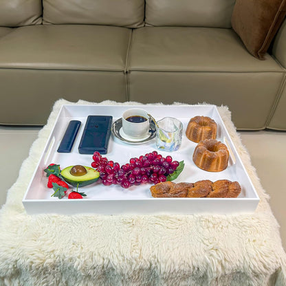 White Rectangular 16x20 Inches Acrylic Ottoman Tray Decorative Serving Tray with Cutout Handles