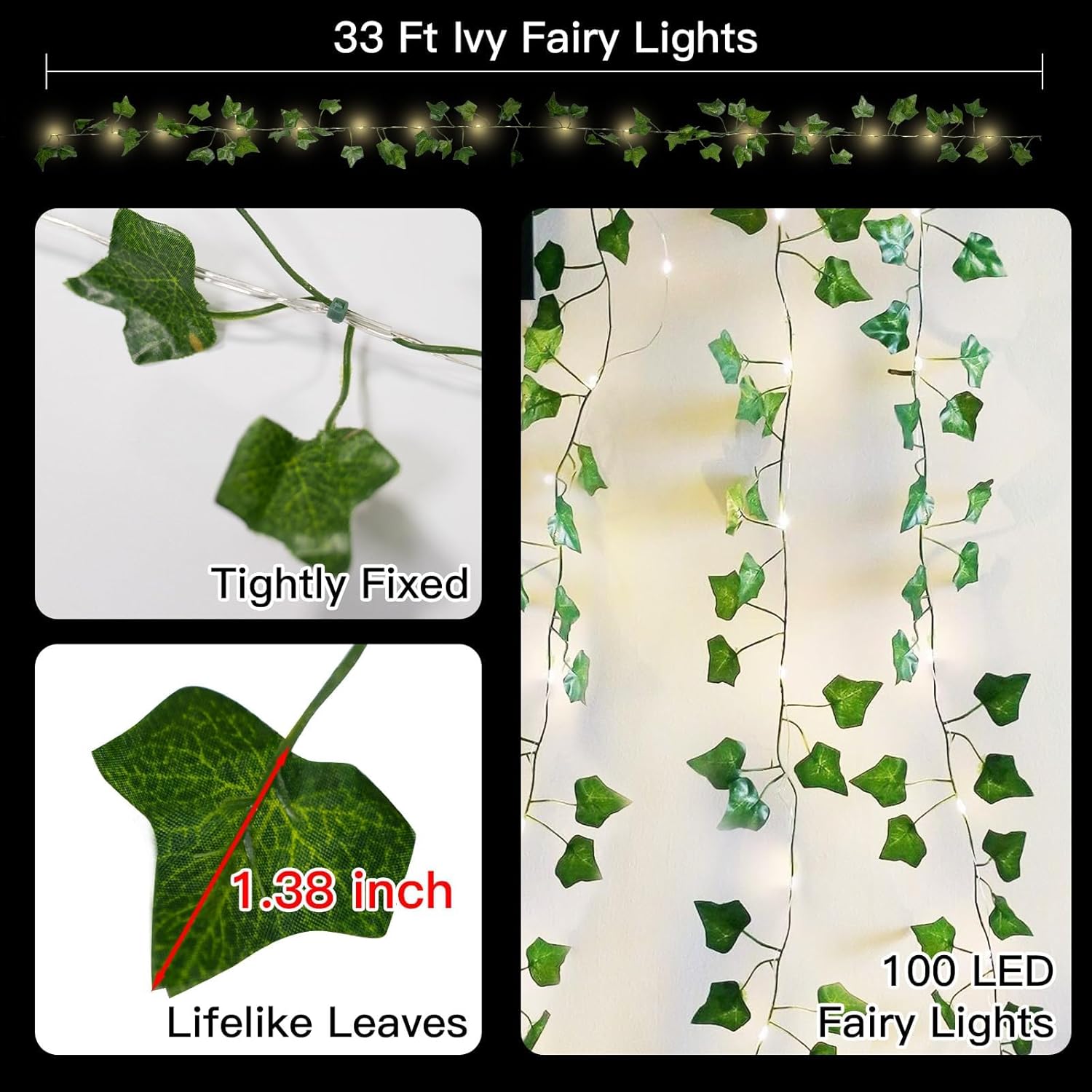 suddus Vine with Fairy Lights Battery Operated, 33ft 100 LED Ivy String Lights with Remote, Leaf
