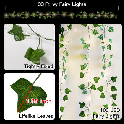 suddus Vine with Fairy Lights Battery Operated, 33ft 100 LED Ivy String Lights with Remote, Leaf