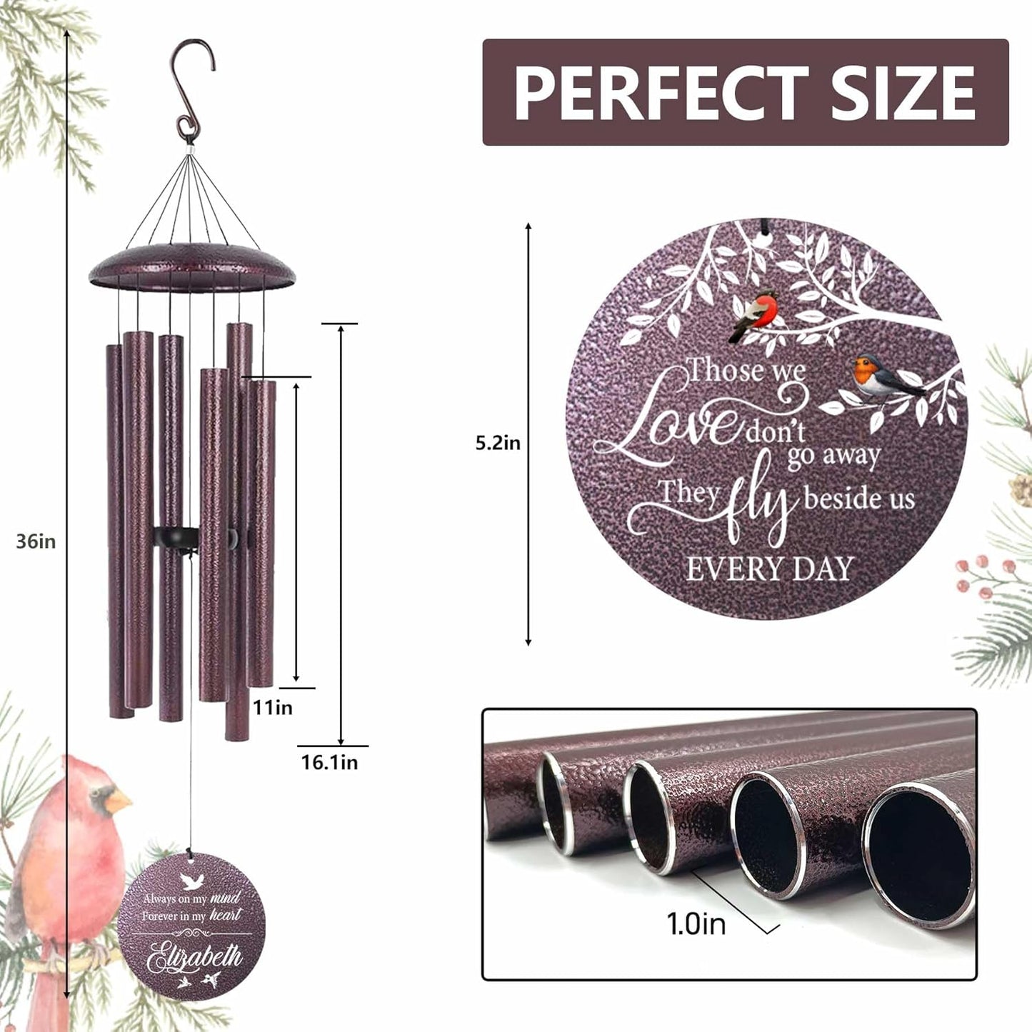 ASTARIN 36" Large Deep Tone Personalized Name Sympathy Wind Chimes, Cardinal Memorial Wind Chime