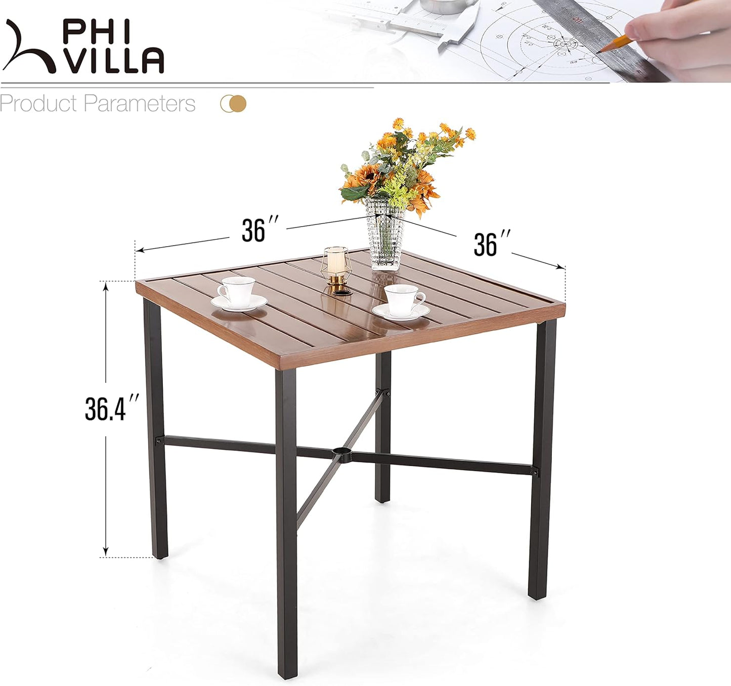 PHI VILLA 36"X36" Outdoor Metal Counter Height Table with 1.57" Umbrella Hole, Square Table with