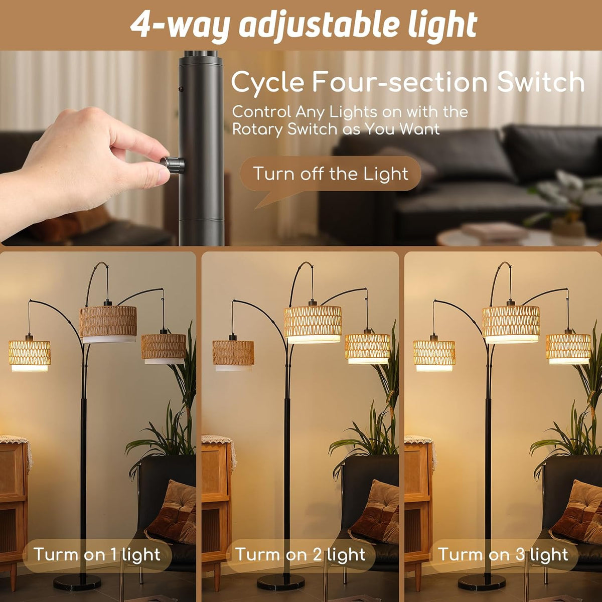 Rattan Floor Lamp for Living Room, 80 Inch Tall Boho Floor Lamp with Rotary Switch, 3 Lights Arc