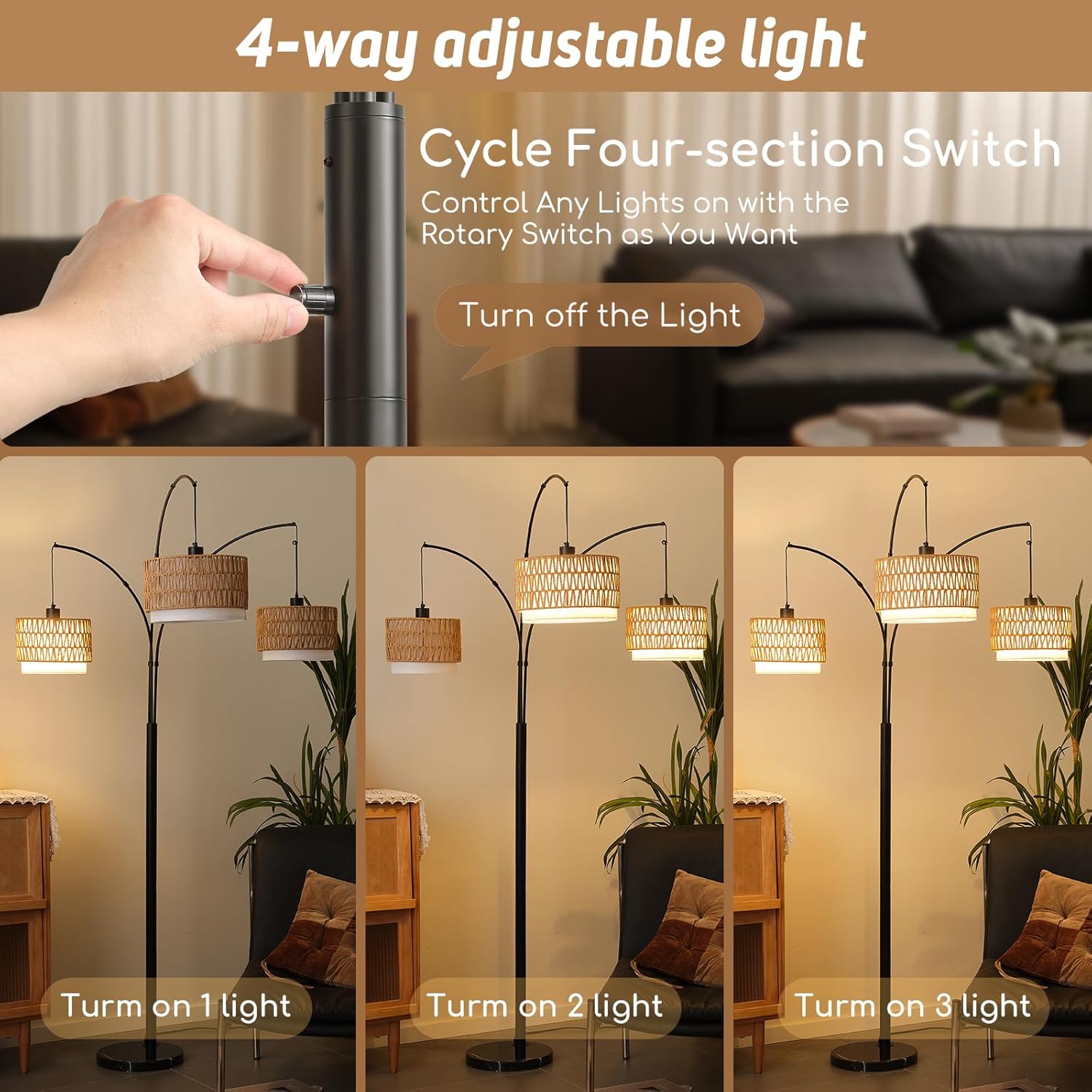Rattan Floor Lamp for Living Room, 80 Inch Tall Boho Floor Lamp with Rotary Switch, 3 Lights Arc