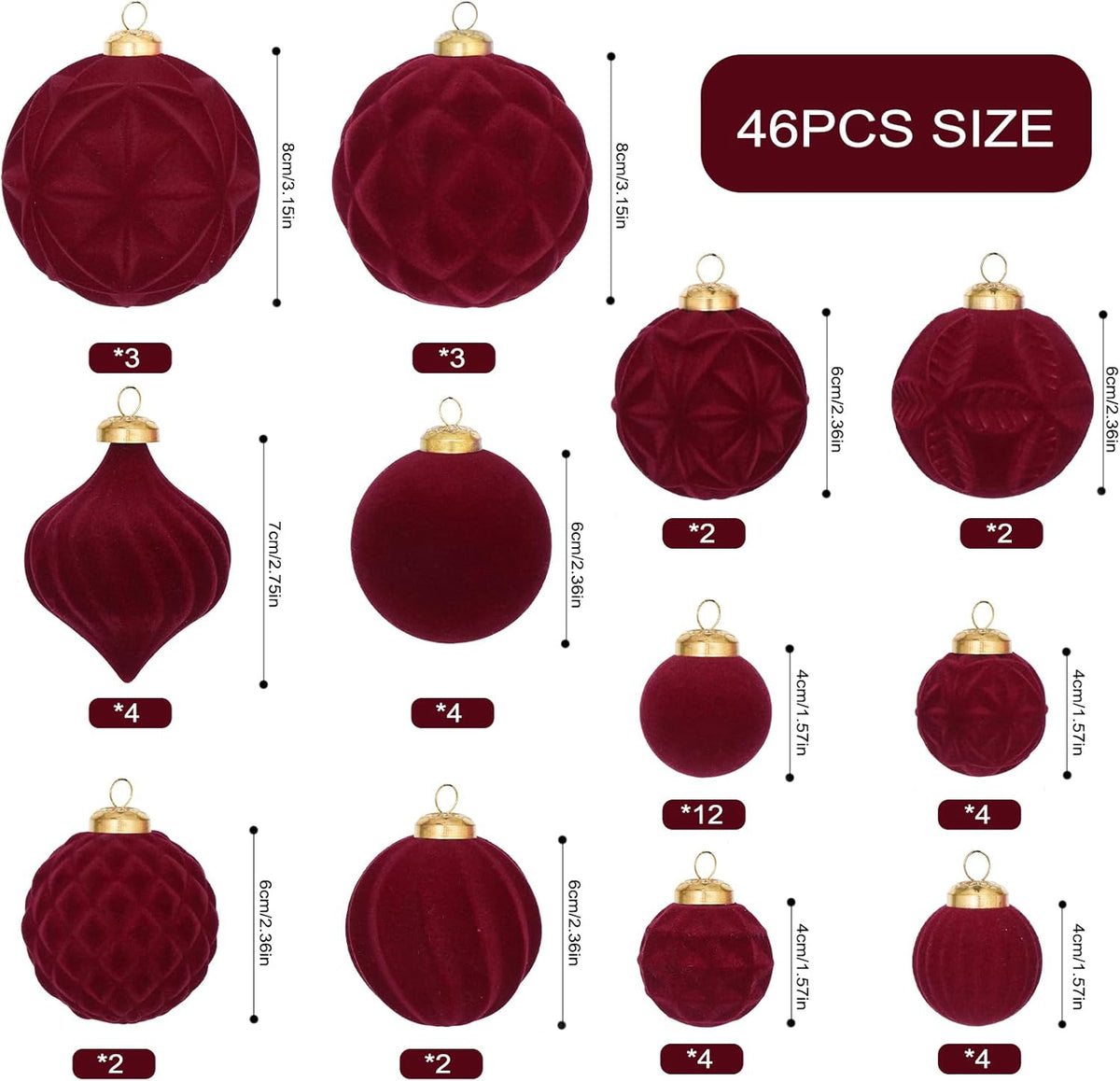 46PCS Velvet Christmas Ball Ornaments Set, Flocked Shatterproof Xmas Tree Decor, Assorted Hanging