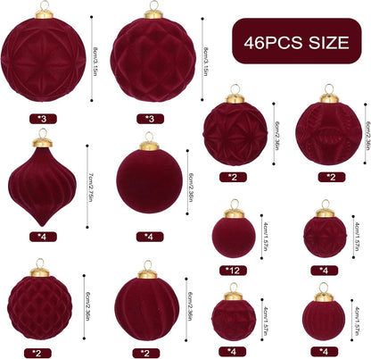 46PCS Velvet Christmas Ball Ornaments Set, Flocked Shatterproof Xmas Tree Decor, Assorted Hanging