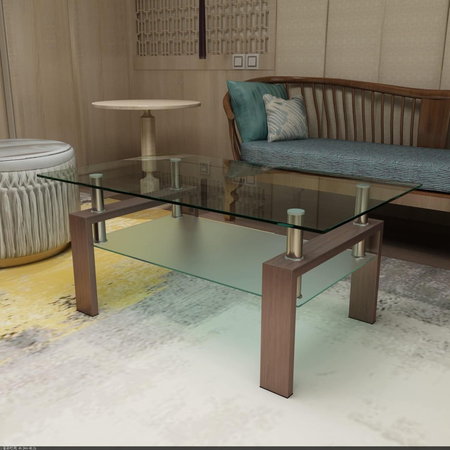 Glass Coffee Table for Living Room, Mordern Sofa Center Tables with Storage, Brown Metal Leg