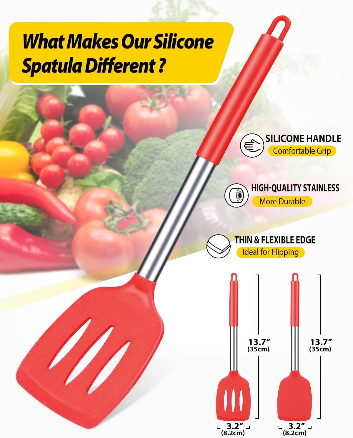 Pack of 2 Silicone Solid Turner, Non Stick Slotted Kitchen Spatulas, High Heat Resistant BPA Free