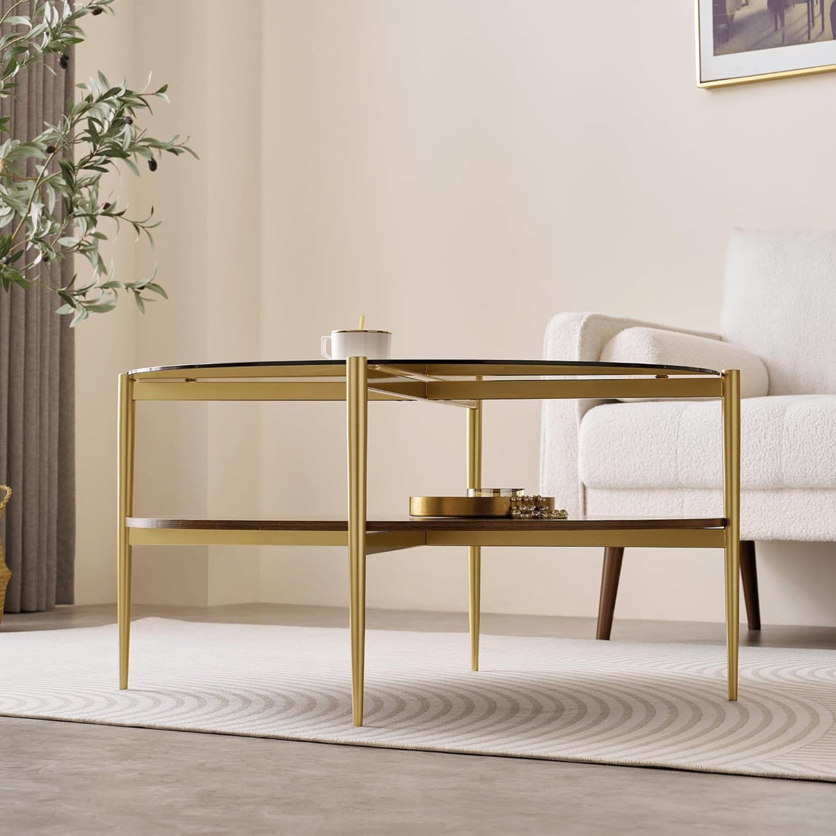 Extra Large Round Coffee Table, Mid-Century Modern Design, D34 x H17 in, for Living Room, 2-Tier
