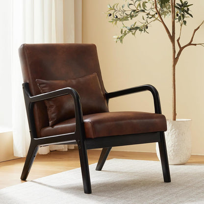 Accent Chair Mid Century Modern Armchair with Lumbar Support Pillow Wood Legs PU Leather