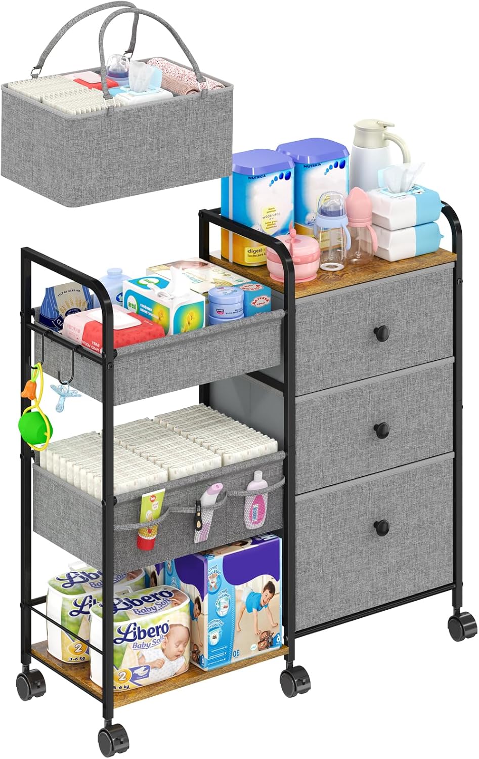 2In1 Baby Diaper Caddy Organizer and Storage, 3 Tier Rolling Cart with Dividers and Drawers, Mobile