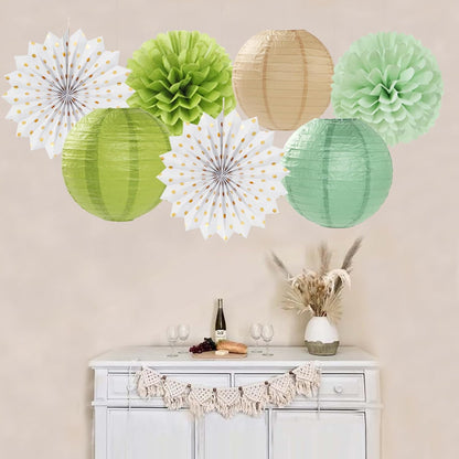 Olive-Sage Green-Boho Party-Decorations Streamers-Lanterns - 14pcs Baby Bridal Shower Wedding Paper