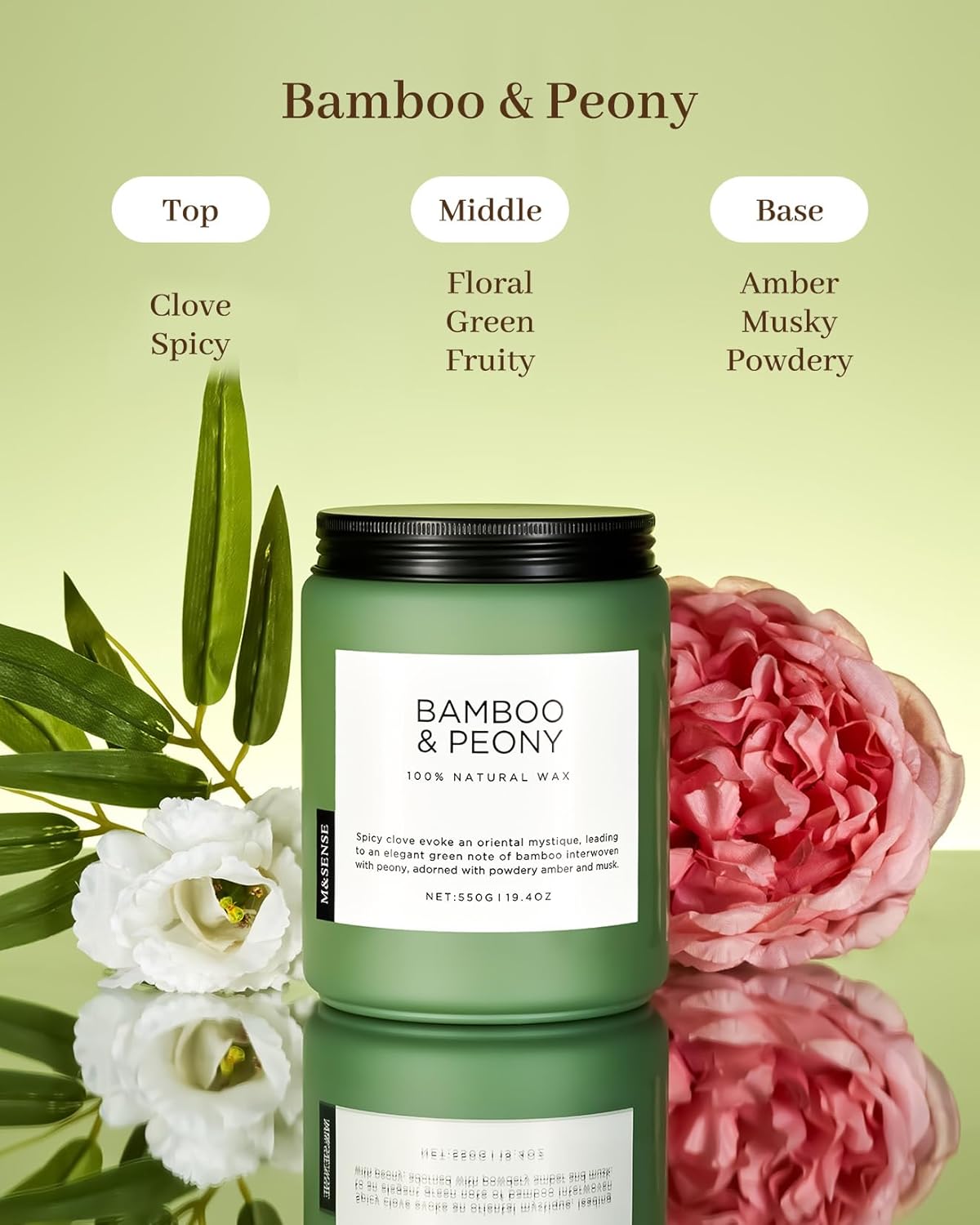M&SENSE Bamboo Peony Spring Large Candles for Home Scented 19.4oz 110 Hour Long Lasting Burn