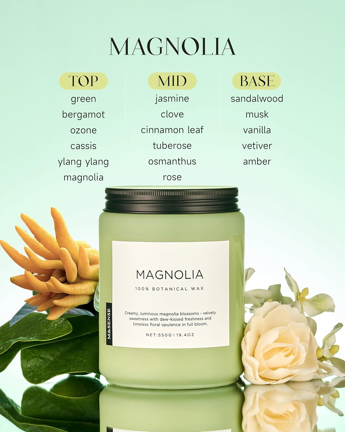 M&SENSE Magnolia Jasmine Romantic Scented Candle, 19.4oz 110 Hours Long Lasting Clean Non Toxic All