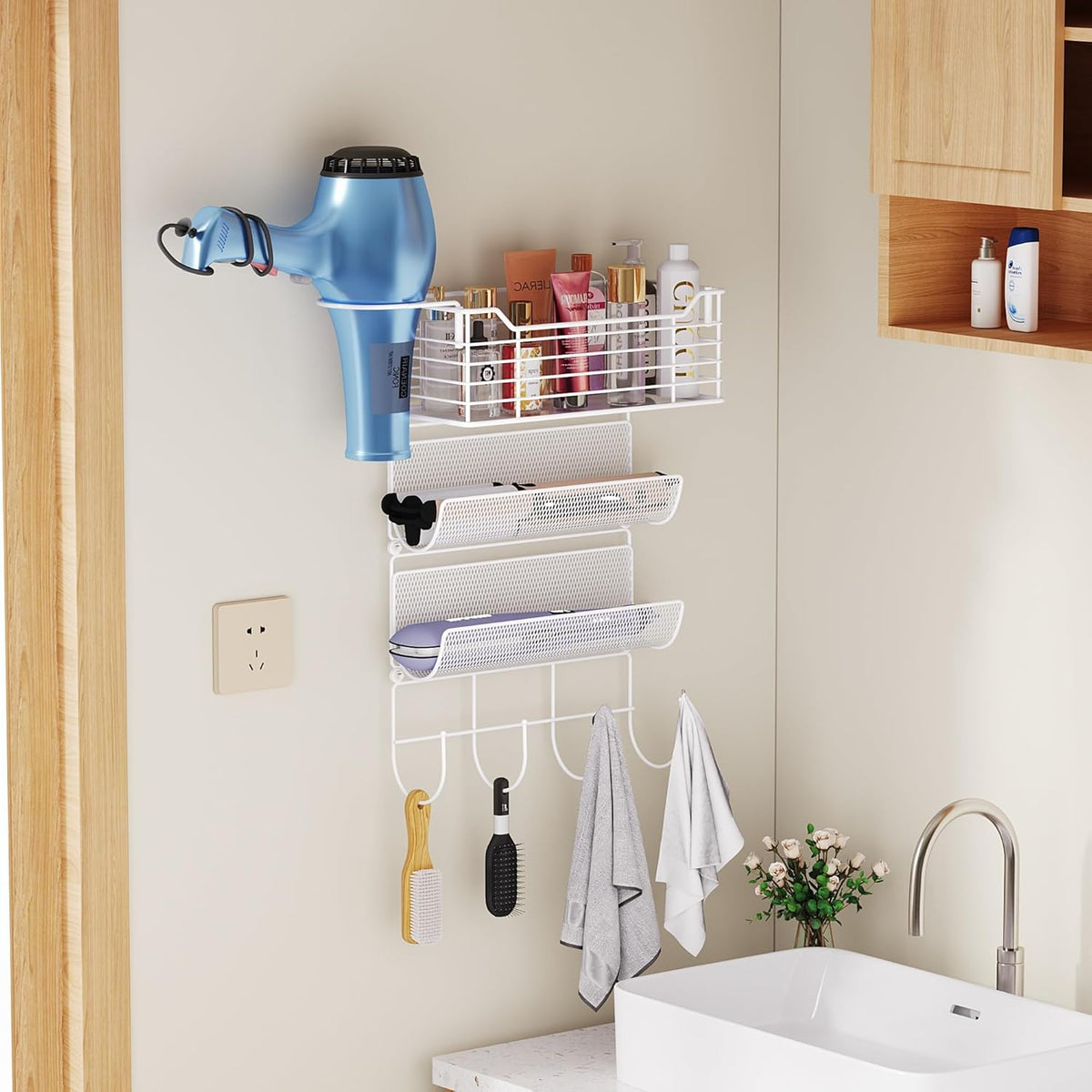 VITVITI Metal Hair Tool Organizer Wall Mount, Hair Dryer Holder with 3 Tier Shelf Basket Hooks