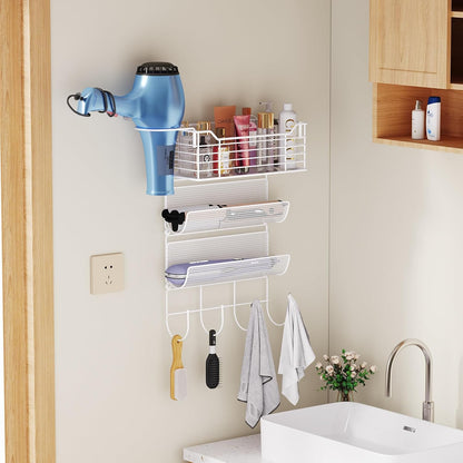 VITVITI Metal Hair Tool Organizer Wall Mount, Hair Dryer Holder with 3 Tier Shelf Basket Hooks