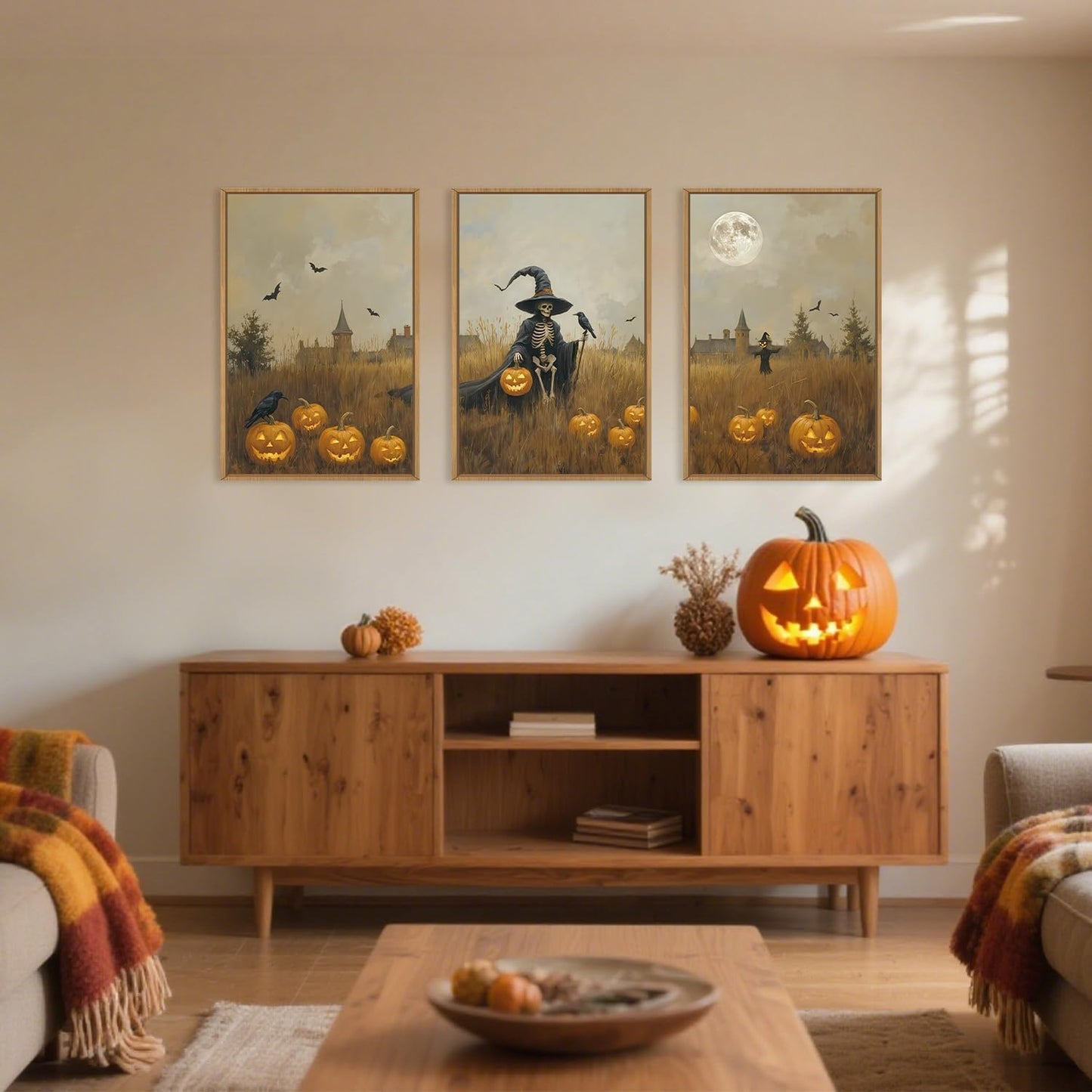 Celestdeco Halloween Ghost Reaper Framed Wall Art Set, Scary Witchy and Pumpkin Wall Decor, Horror