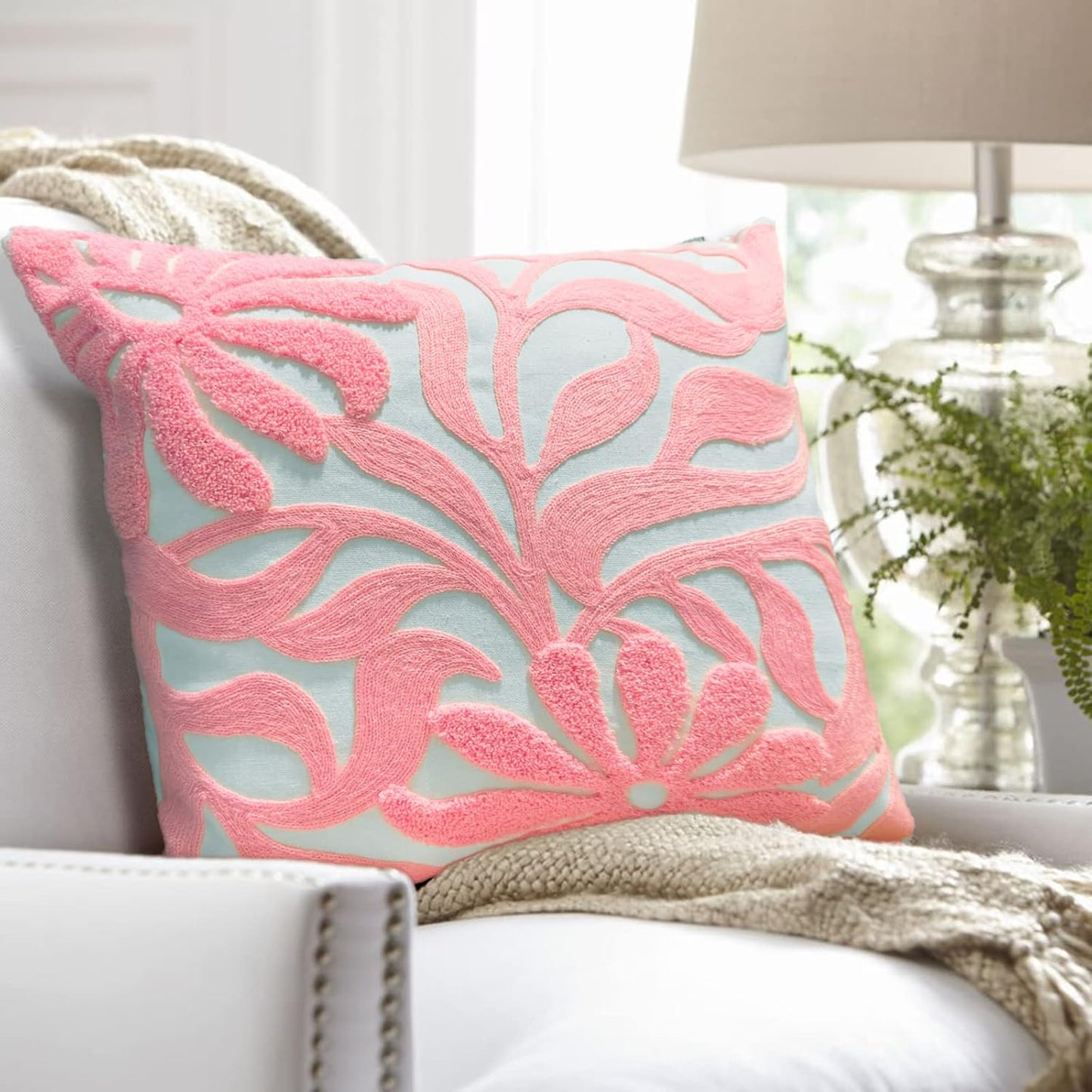 Alysheer Farmhouse Floral Leaves Embroidered Decorative Throw Pillow Cover 18x18 inches, Boho