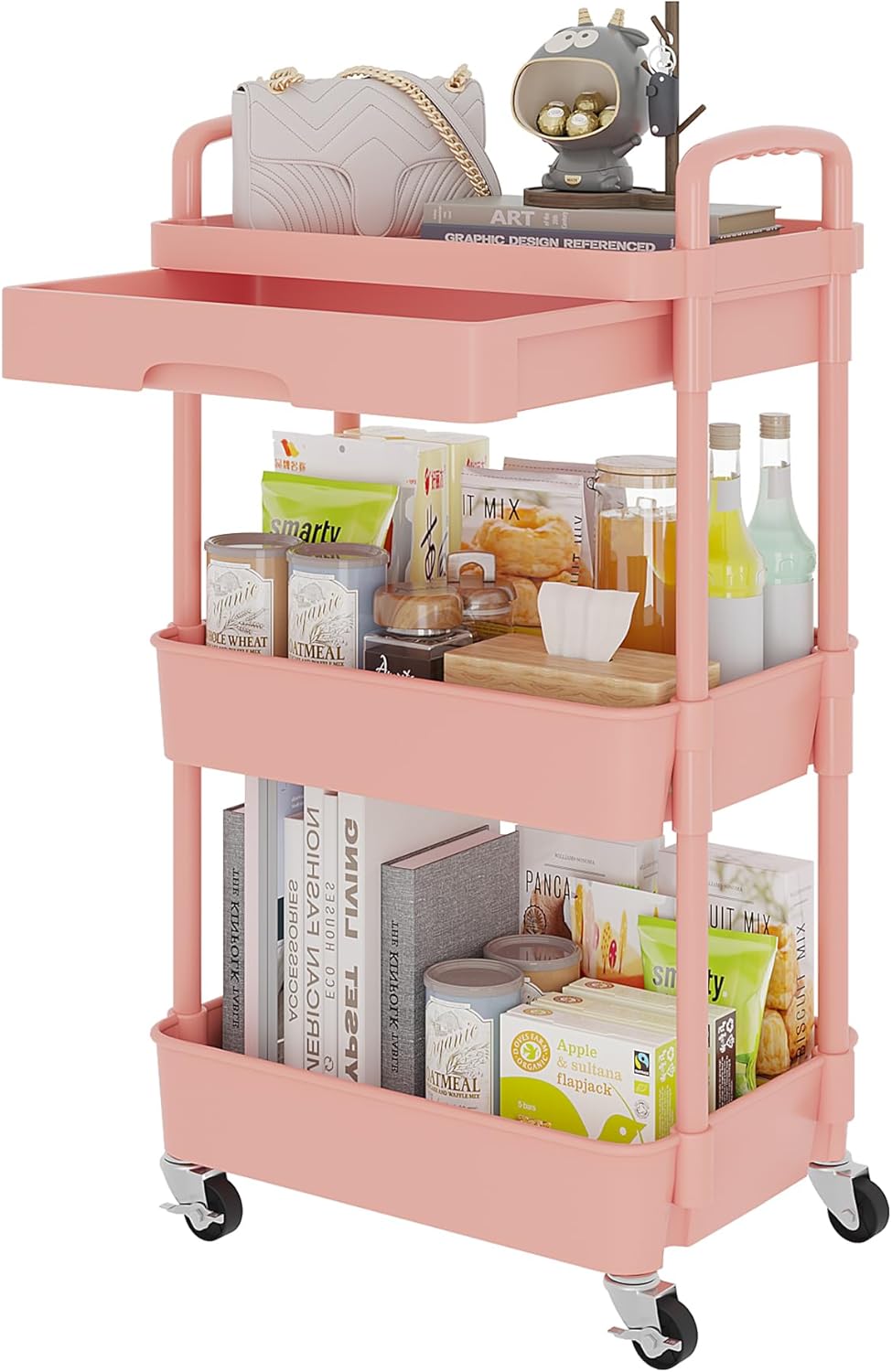 Calmootey 3-Tier Rolling Utility Cart with Drawer,Multifunctional Storage Organizer with Plastic