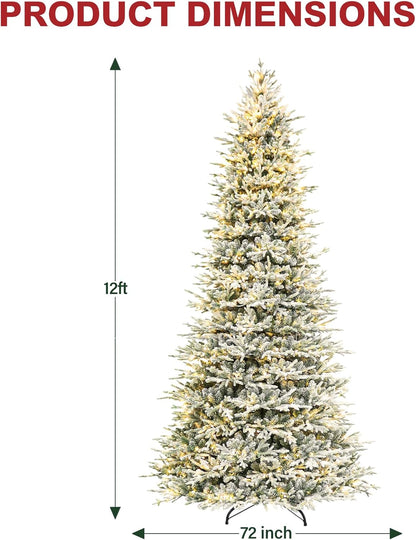 Hykolity 12 ft Prelit Snow Flocked Artificial Christmas Tree, 8109 PE&PVC Branch Tips, 850 Warm