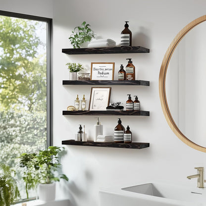 Floating Wall Shelves 4-Pack - Rustic Black 16-inch Wooden Wall Shelves for Storage and Décor
