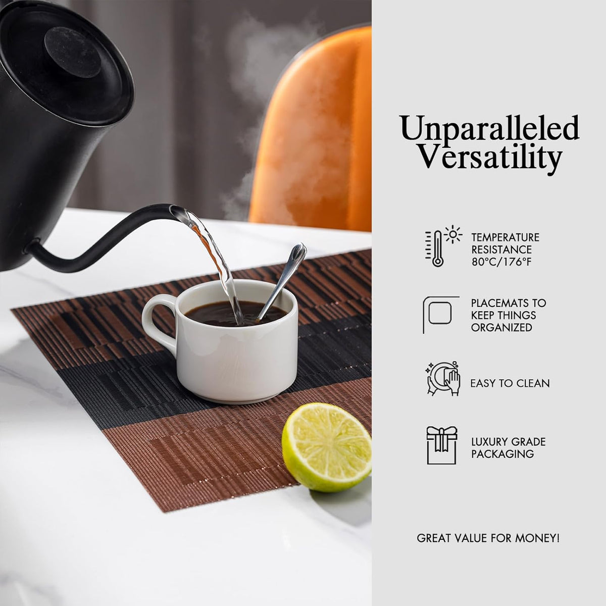Placemats Set of 8 - Easy Clean Woven Vinyl Placemats for Dining Table, Indoor/Outdoor Place Mats