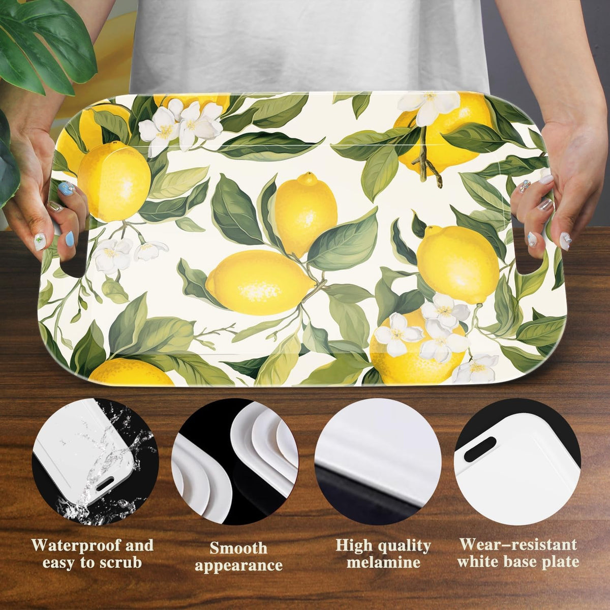 Serving Trays with Handles, 14.5 x 9.8 inch Rectangular Plastic Tray for Restaurant, Kitchen, Lemon