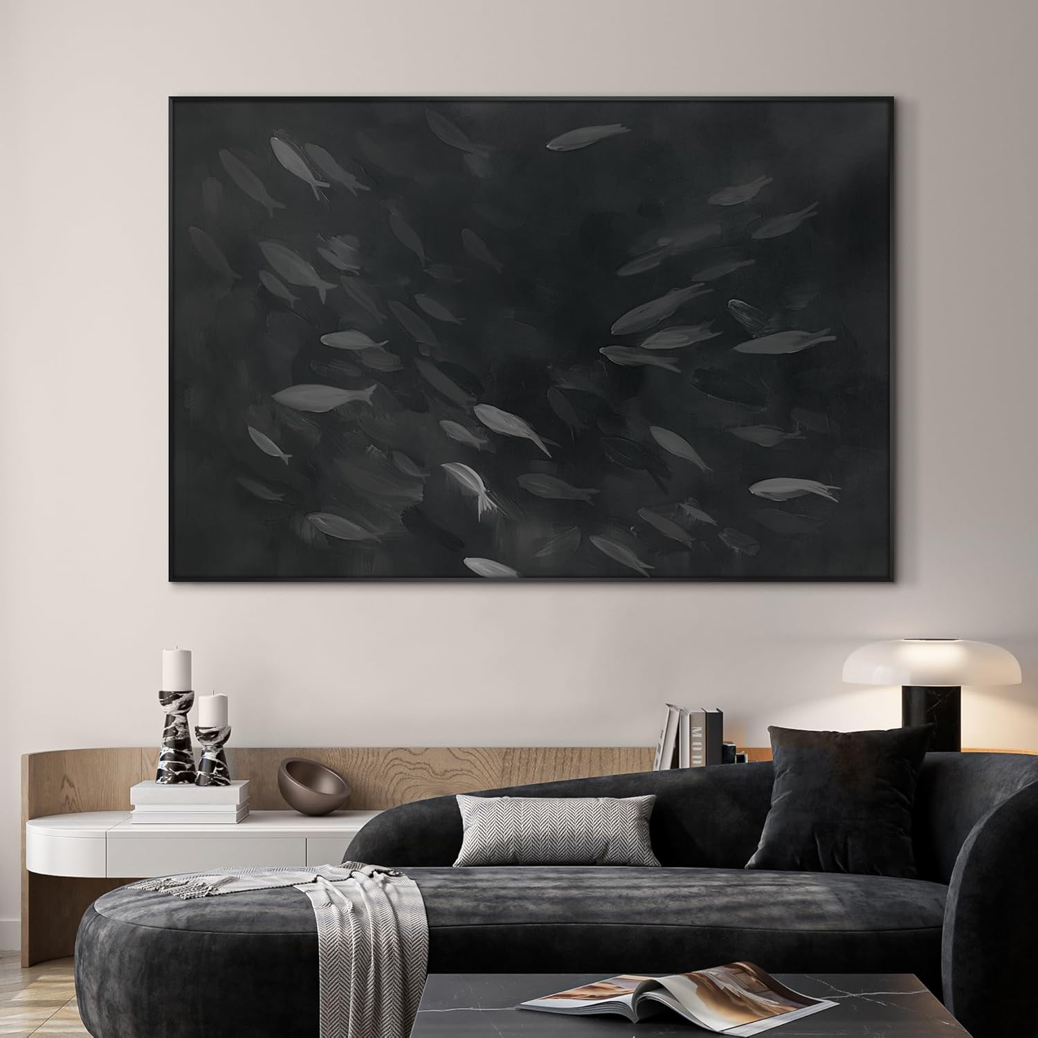 SIGNWIN 46"x72" Extra Large Framed Wall Art Monochrome Fish Silhouettes Illustration for Home