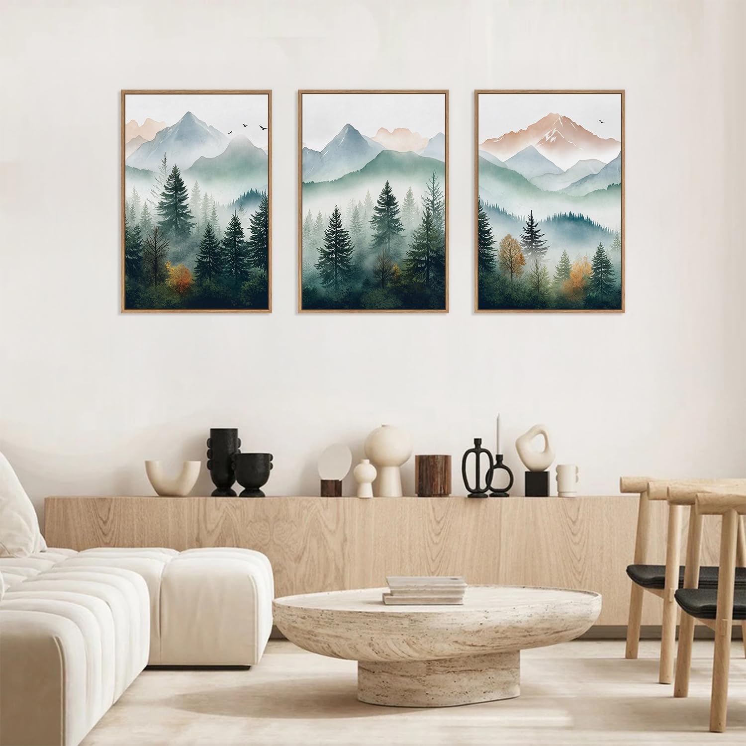 HLNIUC Misty Mountain Forest Framed Wall Art Set,Green Fog Pine Tree Wall Decor,White Foggy Forest